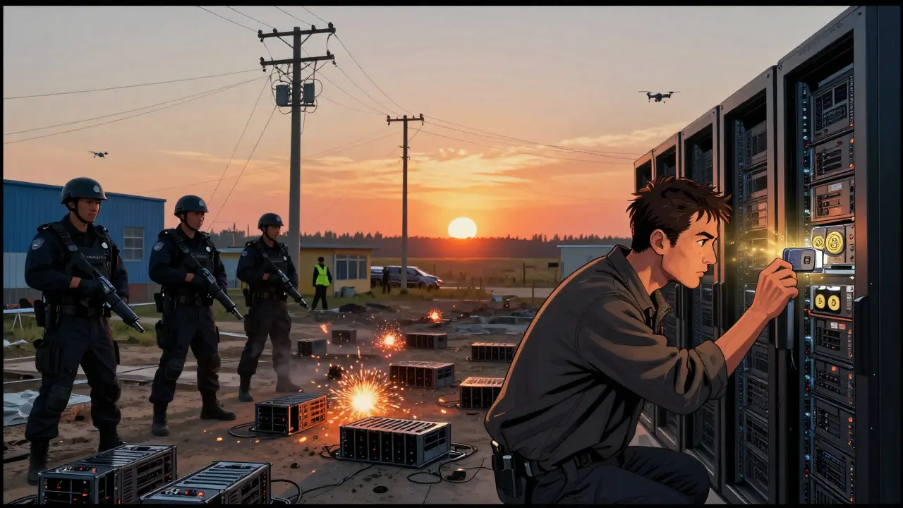 Des policiers interrompent un raid nocturne contre une ferme de minage en Mongolie intérieure, les machines s’éteignent dans un éclair de étincelles.