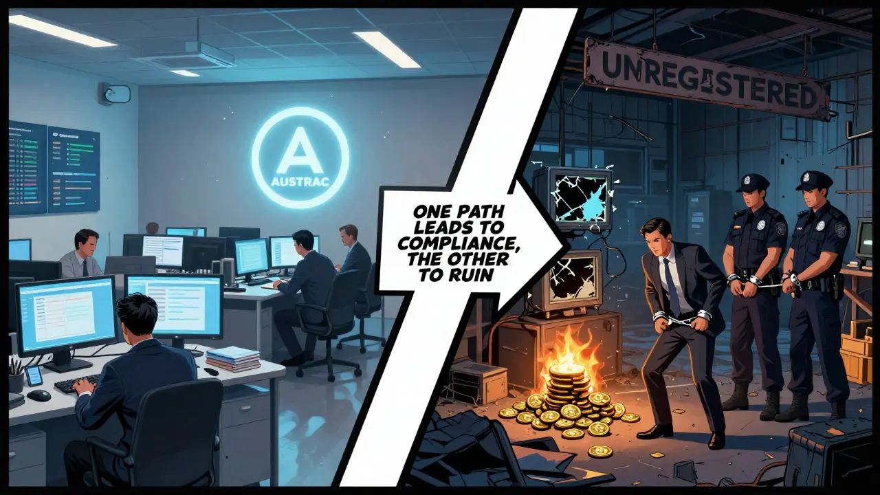 Deux chemins opposés : l'un sécurisé et conforme, l'autre en ruines avec des dirigeants arrêtés pour non-enregistrement.