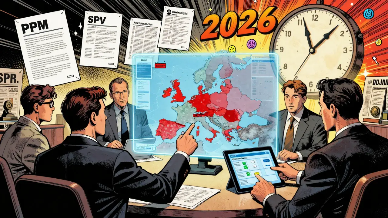 Équipe juridique et technique dans une salle de guerre, entourée de documents réglementaires et d'une carte européenne des restrictions.