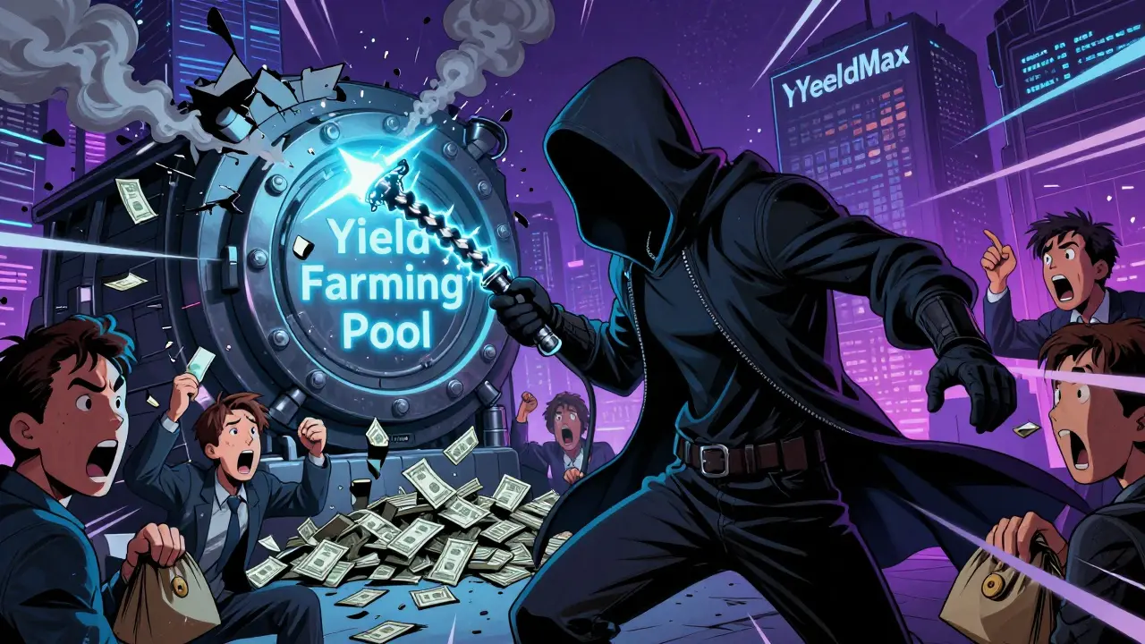 Hackeur utilisant un prêt flash pour détruire un pool de yield farming, des investisseurs désespérés autour.
