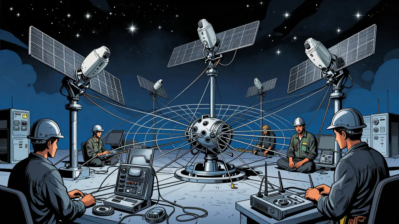 Ingénieurs utilisant des satellites pour créer un réseau mesh hors ligne en Afghanistan.