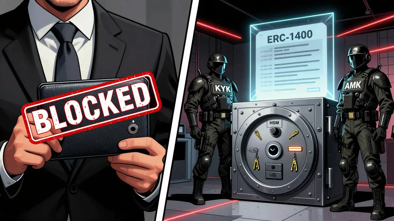 Investisseur bloqué à gauche, coffre-fort institutionnel sécurisé à droite, avec des contrôles KYC/AML et un contrat intelligent ERC-1400 en évidence.