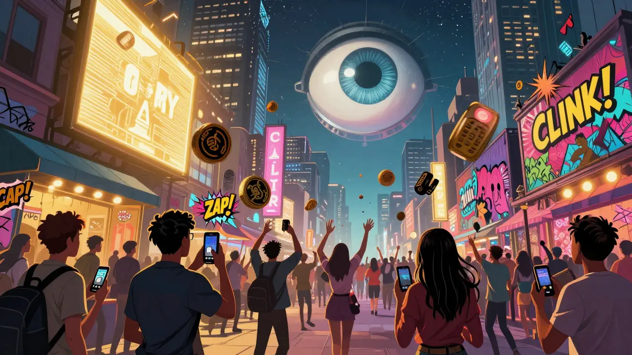 Marché animé de Metropolis World où les gens échangent des NFT sous l'œil d'une IA géante qui déclenche un concert.