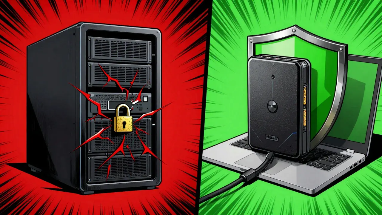 Serveur centralisé attaqué vs portefeuille matériel sécurisé avec bouclier.