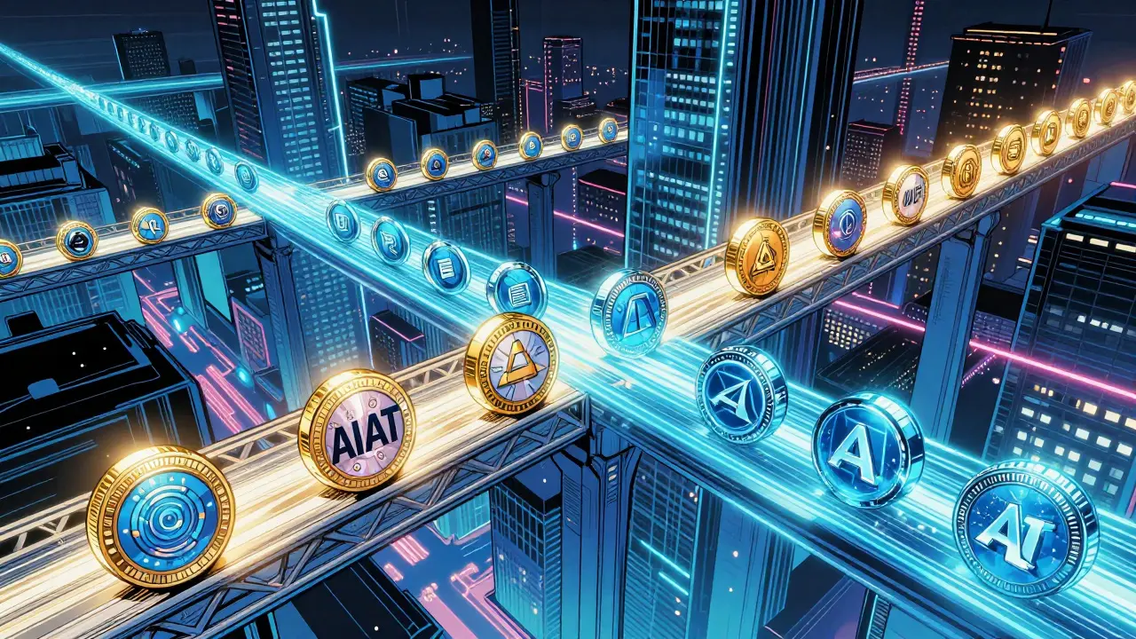 Tokens AIAT reliant différentes blockchains dans un paysage futuriste