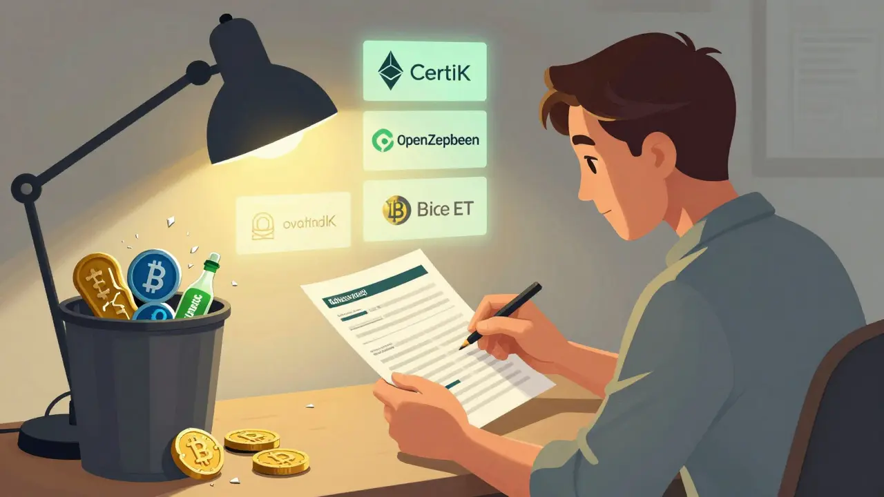Trader expérimenté vérifie des rapports d'audit sous une lampe, avec des alternatives sûres en arrière-plan.