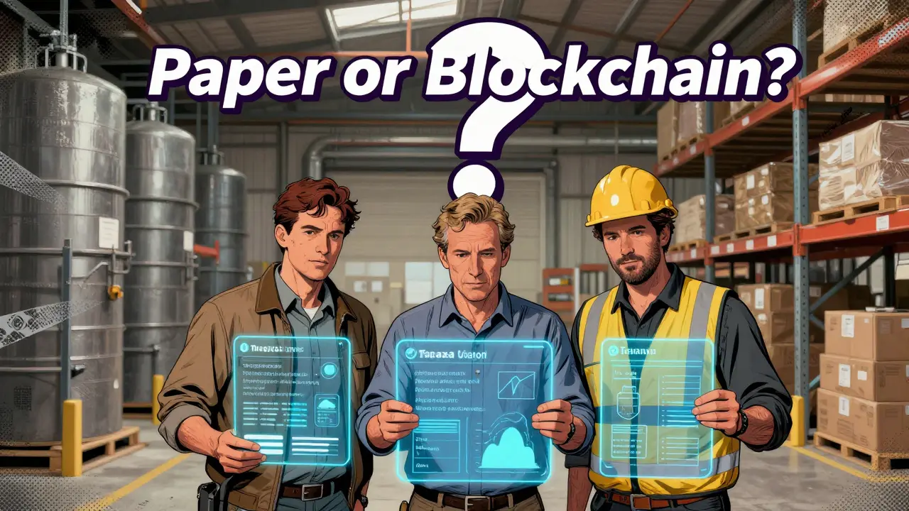 Trois professionnels examinent des preuves vérifiables sur des écrans holographiques de blockchain Taraxa.