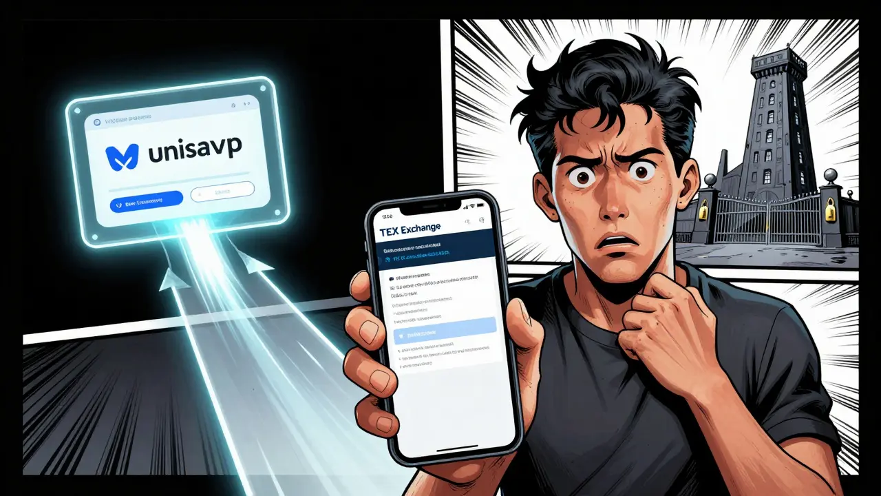 Un débutant confronté à un faux site 'TEX' tandis que deux voies s'ouvrent : Uniswap fiable ou un CEX oppressant.