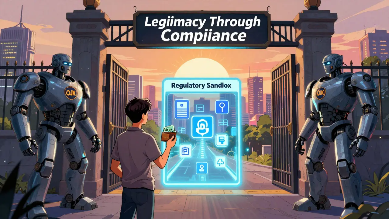 Un fondateur de startup face à une porte de régulation, avec un portail 'Sandbox' qui offre une voie vers la légitimité financière.