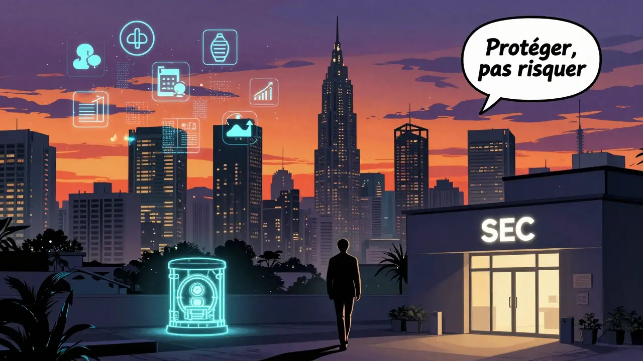 Un investisseur marche vers un bureau CASP légitime tandis que les protocoles DeFi risqués disparaissent au-dessus de Manille.