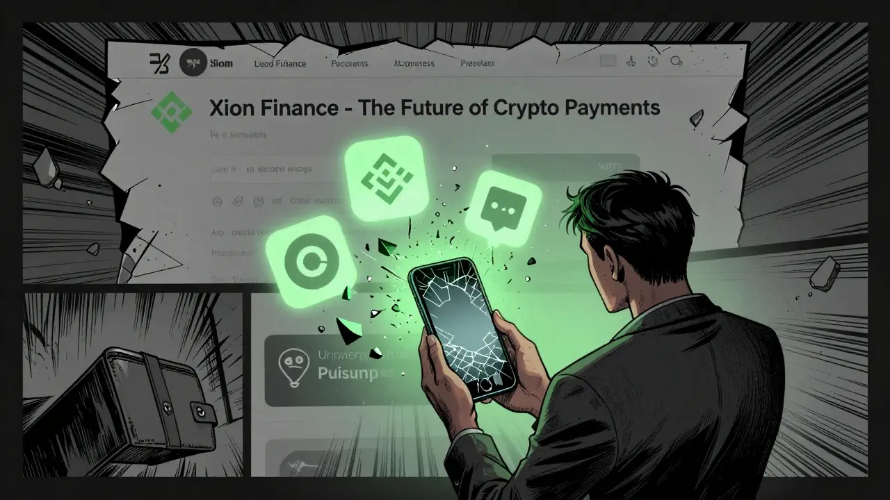 Un investisseur regarde un portefeuille vide, des logos de plateformes crypto se brisent autour de lui, un site web abandonné s'effondre en arrière-plan.