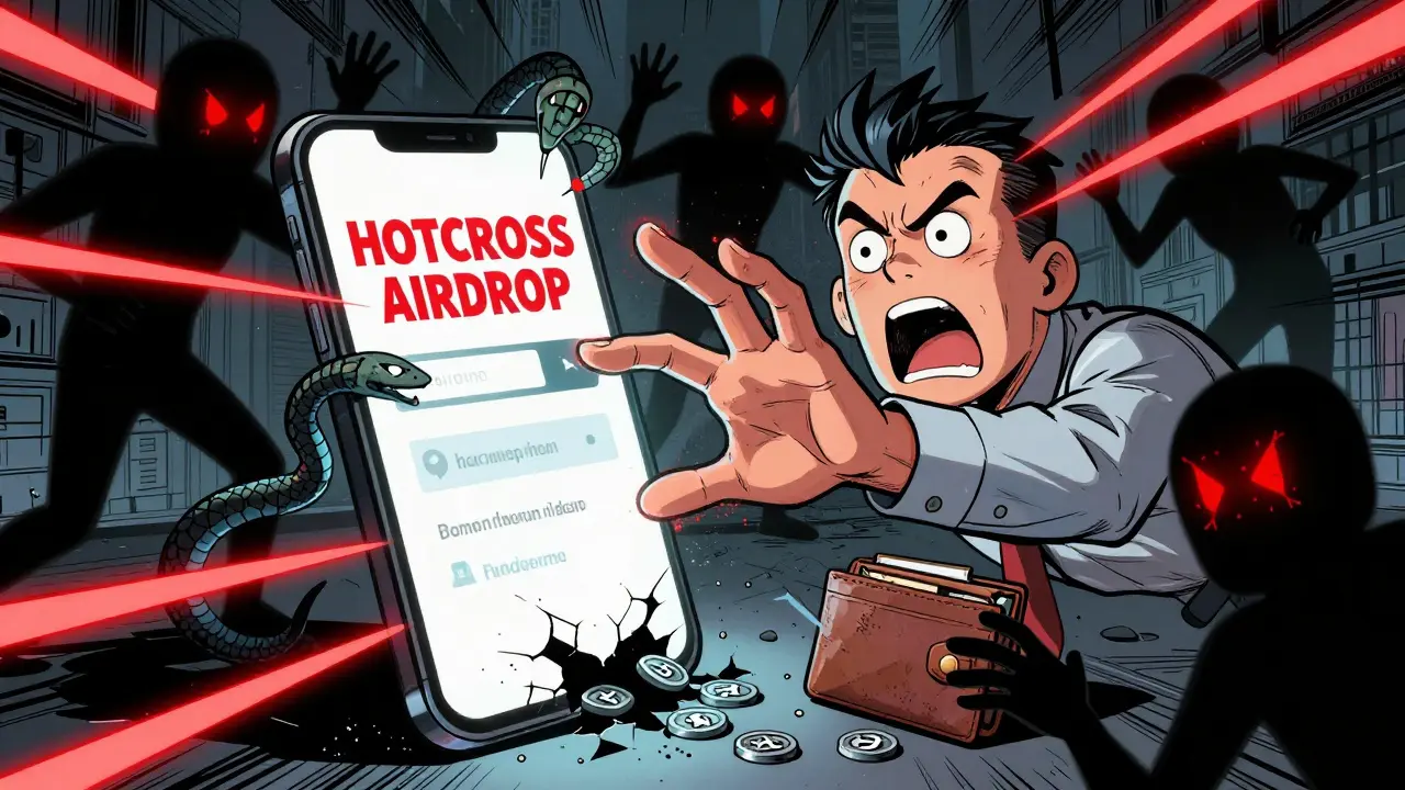 Un investisseur tentant de cliquer sur un lien d'airdrop frauduleux HOTCROSS, tandis que des bots de phishing sortent de son téléphone.