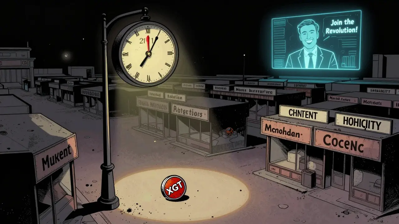 Un marché numérique vide avec un million de boutiques vides, un seul jeton XGT roule seul sous une lampe, un hologramme fantôme murmure des promesses.