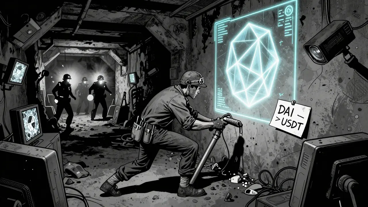 Un mineur débranche son équipement face à la répression étatique, tandis qu'une blockchain Polygon brille dans l'ombre.