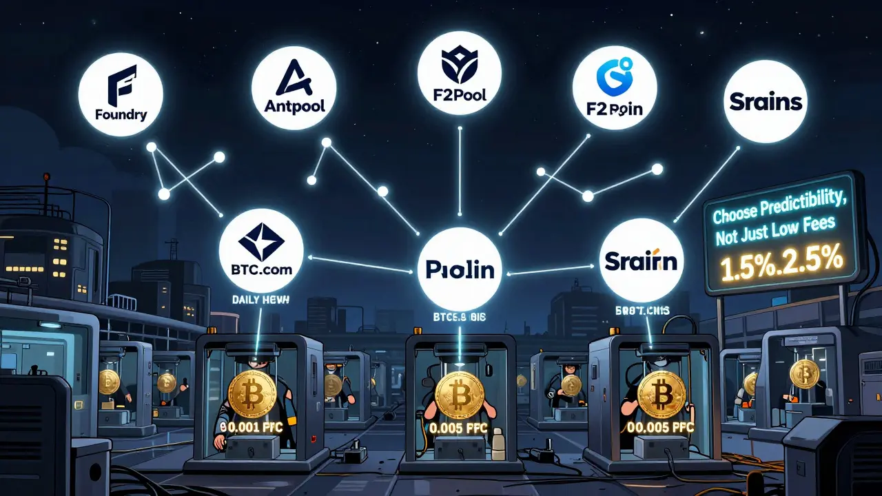 Un paysage futuriste de centres de minage avec les sept principaux pools en constellations et des différences de seuils de retrait.