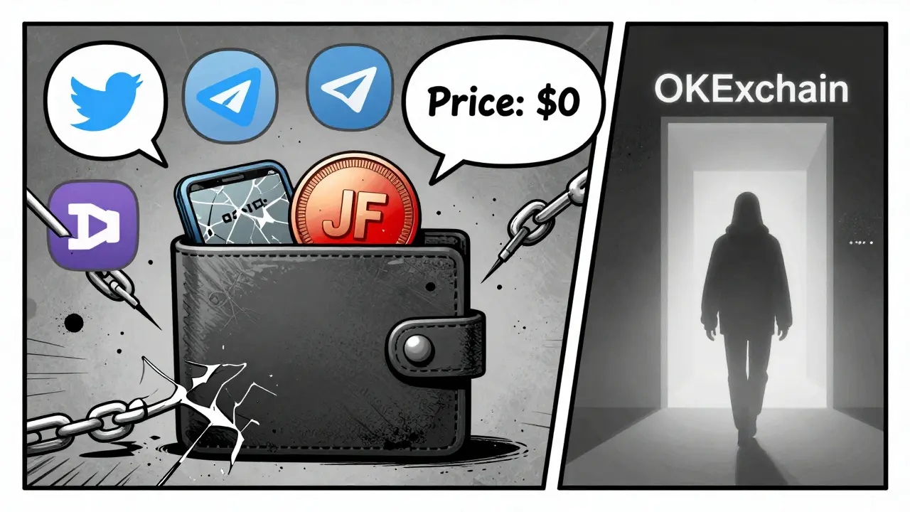Un portefeuille contenant des jetons JF entouré de liens brisés et d'icônes de réseaux sociaux morts, avec un prix affiché à 0 $.
