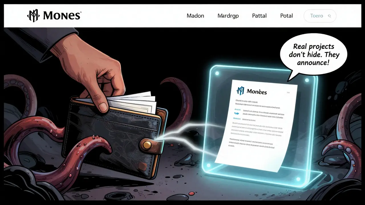 Un portefeuille crypto est vidée par des tentacules provenant d'un site frauduleux, tandis qu'un airdrop légitime brille avec des preuves de transparence.