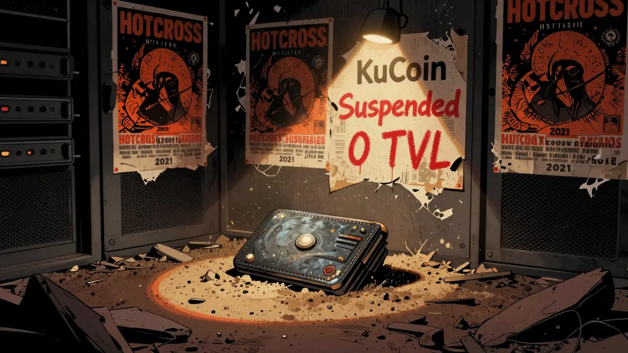 Un portefeuille crypto oublié sous la poussière dans une salle de serveurs ruinée, entouré de posters déchirés de HOTCROSS.