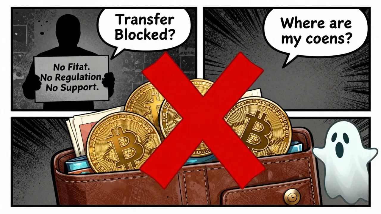 Un portefeuille de cryptos barré d'une croix rouge, avec un jeton fantôme SATX et des messages d'erreur en arrière-plan.