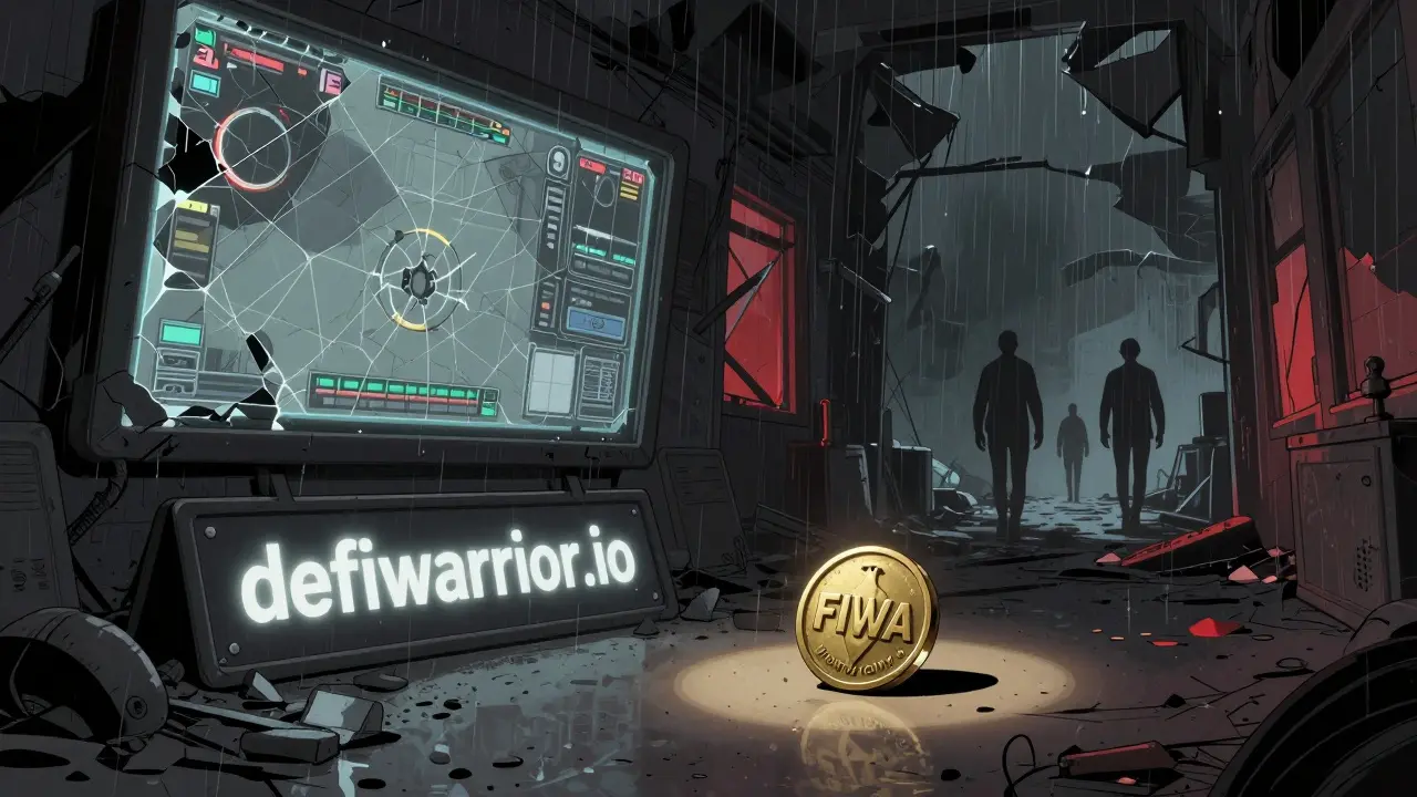 Un site abandonné de DeFi Warrior avec un jeton FIWA au sol sous un panneau clignotant, sous la pluie nocturne.