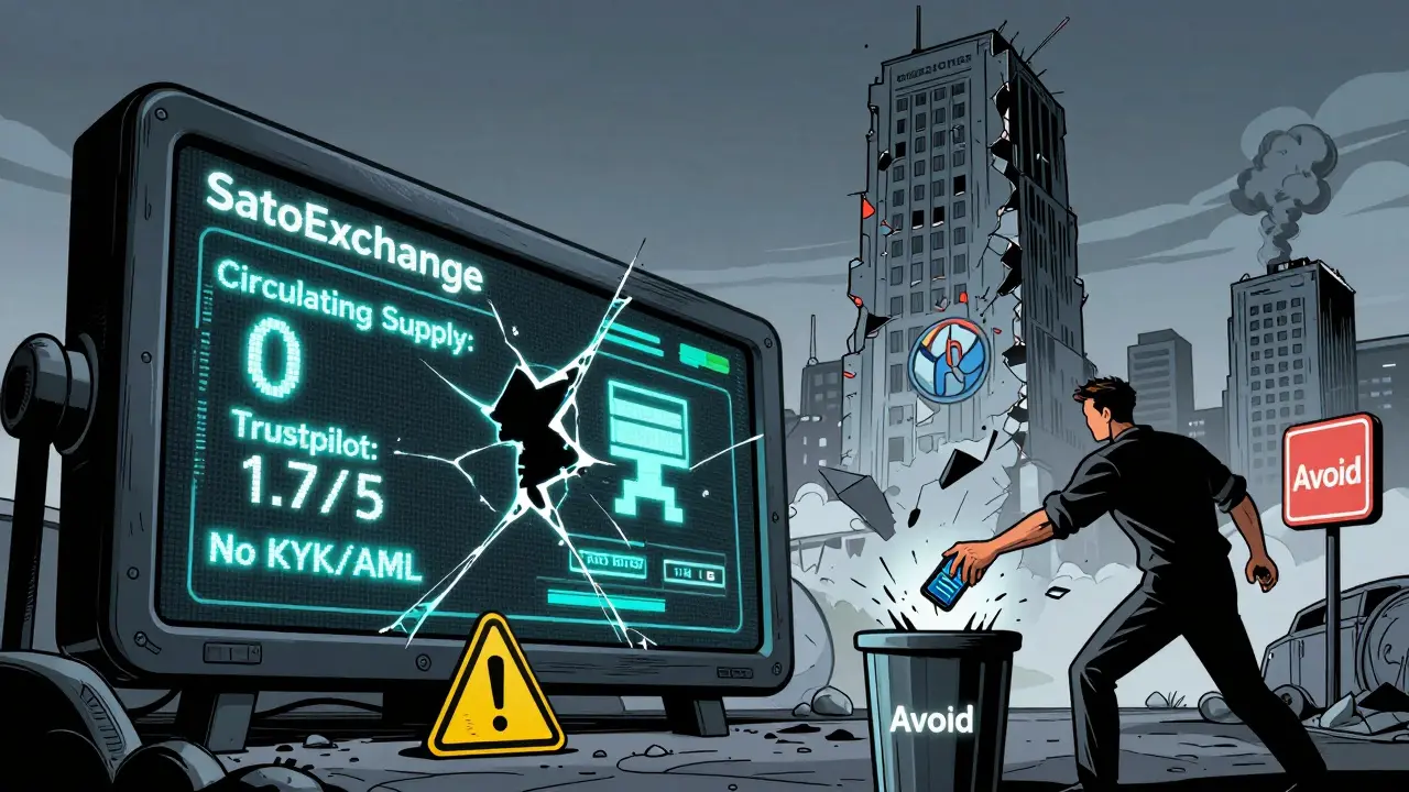 Un tableau numérique cassé affiche '0 circulating supply' et '1.7/5', un trader jette son téléphone dans une poubelle.