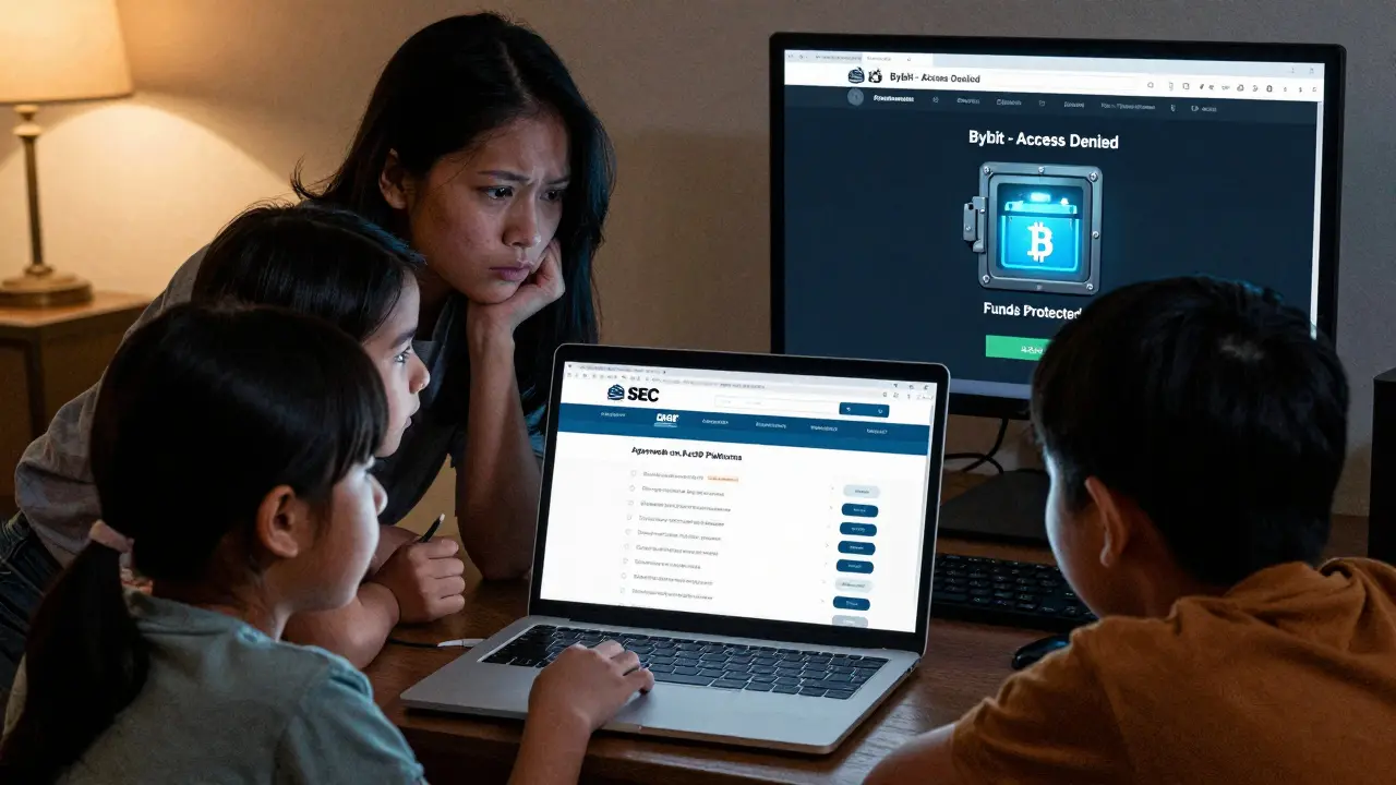 Une famille philippine vérifie une plateforme de crypto réglementée sur un ordinateur, en sécurité.