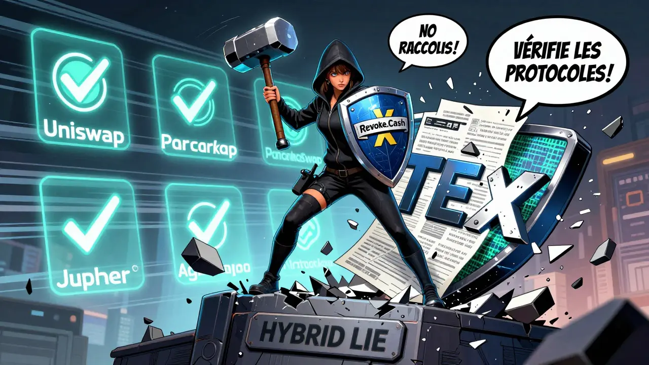 Une héroïne détruit le logo 'TEX' avec un marteau d'audits, tandis que de véritables DEX brillent derrière elle.