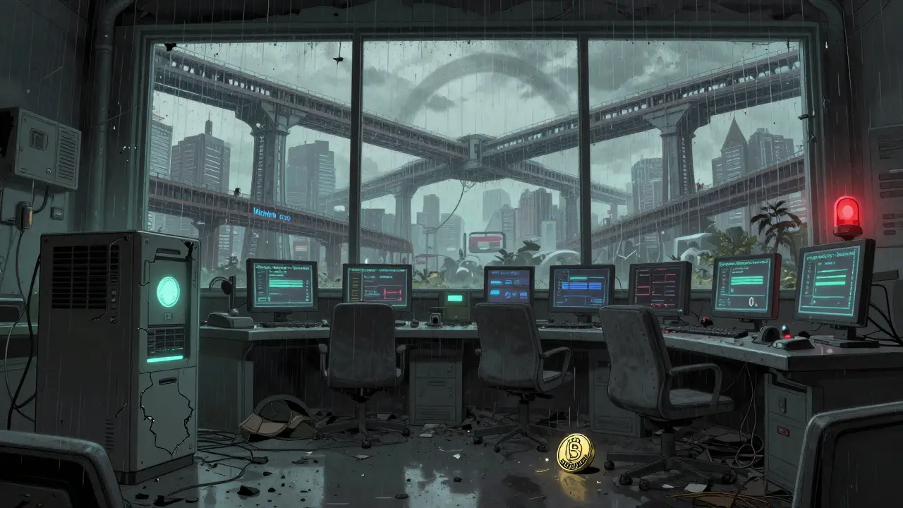 Une salle de contrôle abandonnée avec un écran affichant 'Swingby Skybridge - Untracked' et des ponts concurrents en arrière-plan.