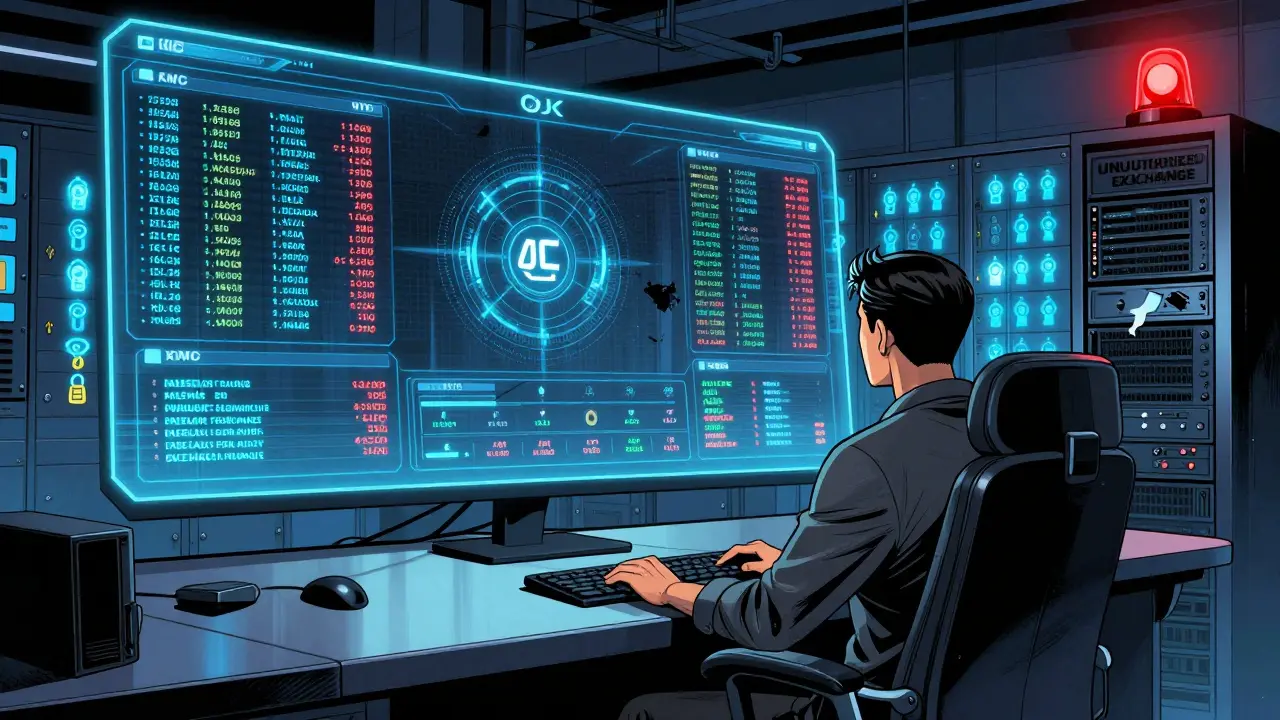 Une salle de contrôle OJK affiche en temps réel les flux de trading, les vérifications KYC et les alertes AML sur 1 444 actifs numériques.