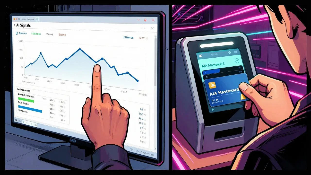 Utilisateur connectant signaux IA, bourse et carte Mastercard