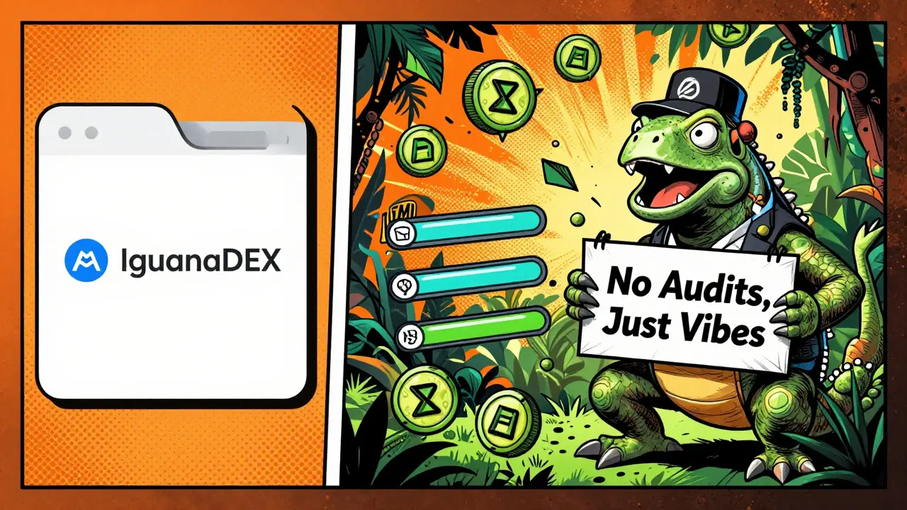 Utilisateur connectant un portefeuille EVM à IguanaDEX, avec une iguane en costume de PDG et des tokens flottants dans un décor de blockchain.