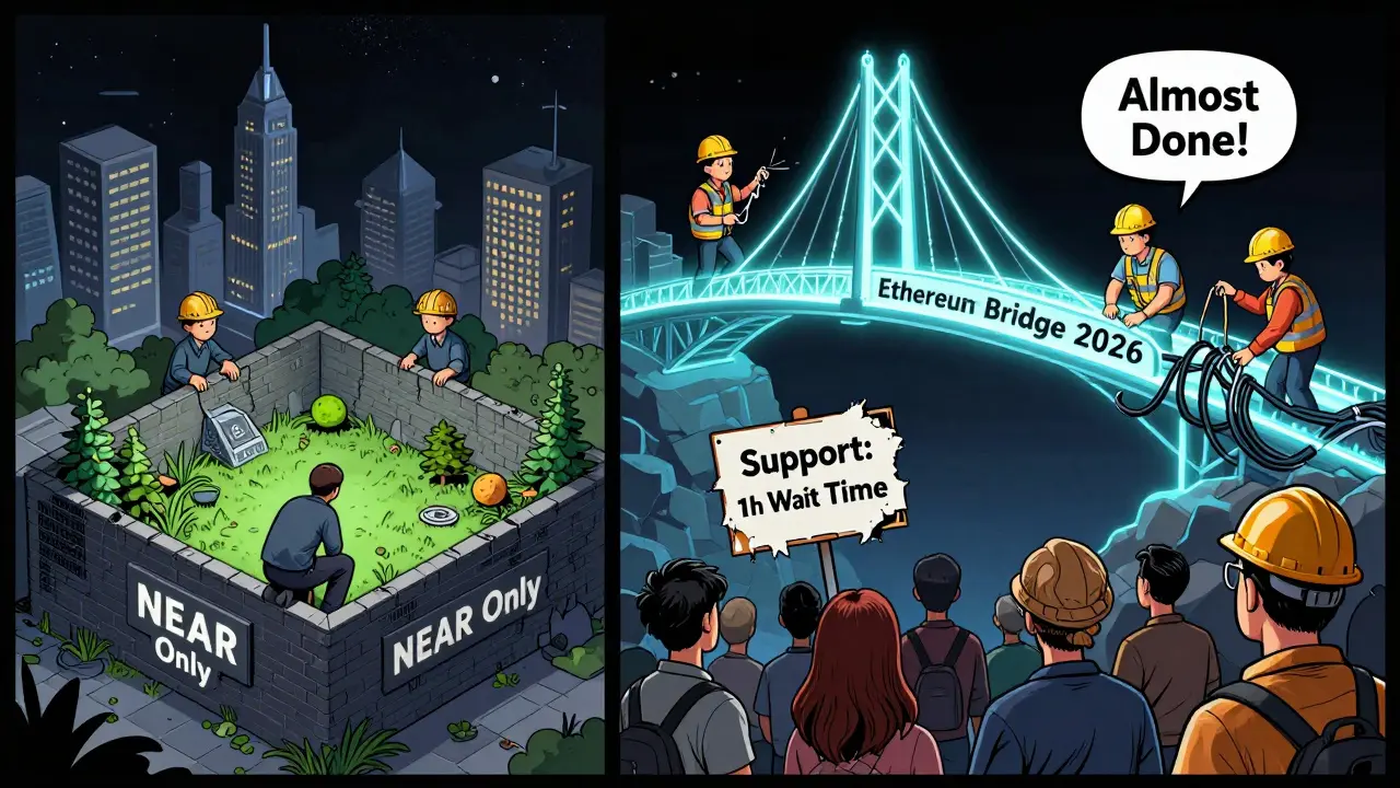 Utilisateur enfermé dans l'écosystème NEAR tandis qu'un pont vers Ethereum est en construction, avec un signe de support défectueux au centre.