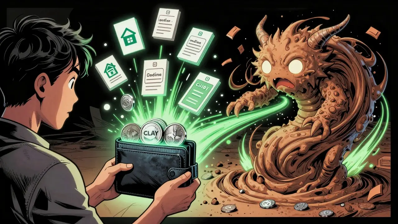 Utilisateur stakant des jetons CLAY avec une interface numérique et une créature IA qui apprend ses actions.