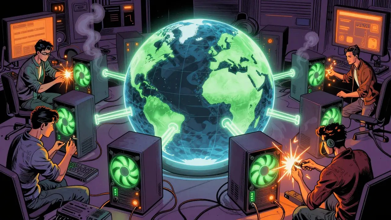 Art BD d'un réseau de calculateurs distribués avec cartes graphiques connectées.