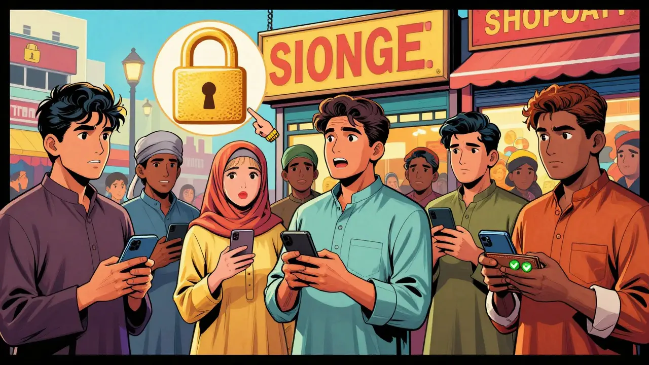 Des citoyens avec des téléphones devant une boutique verrouillée illustrant les règles de paiement.