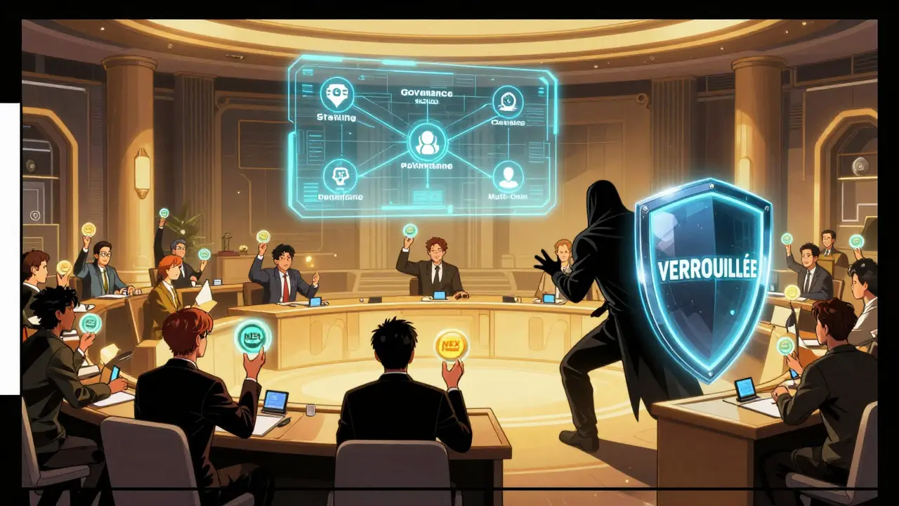 Des citoyens votent avec des jetons NEX dans un conseil numérique, une voie vers le staking, la gouvernance et la multi-chain s'affiche en hologramme.