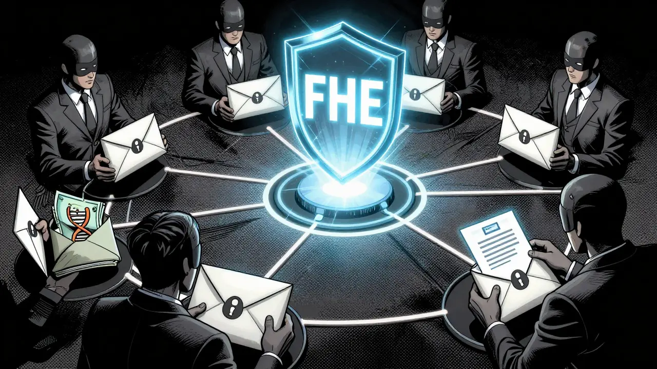 Des contrats intelligents traitent des données chiffrées sous forme d'enveloppes scellées sur une blockchain, sans jamais les dévoiler.