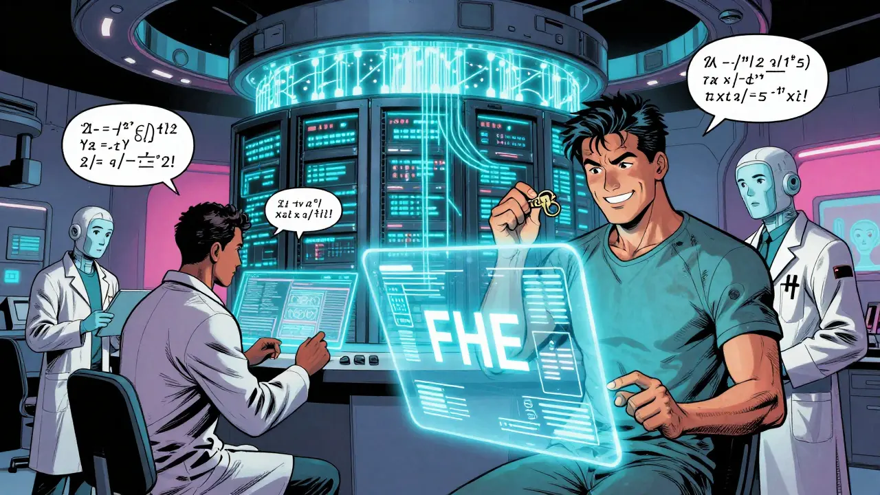 Des médecins analysent des données médicales chiffrées via des hologrammes, protégées par un bouclier FHE, dans une clinique futuriste.