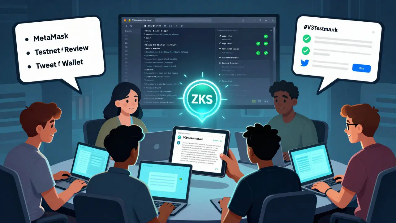 Des testeurs en 2021 soumettent des retours sur ZKSwap V3, avec des tokens ZKS et un checklist d'exigences en l'air.