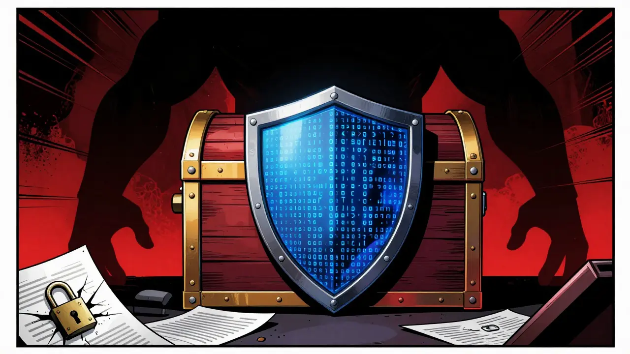 Dessin animé montrant un bouclier de sécurité protégeant des actifs numériques contre les menaces financières.