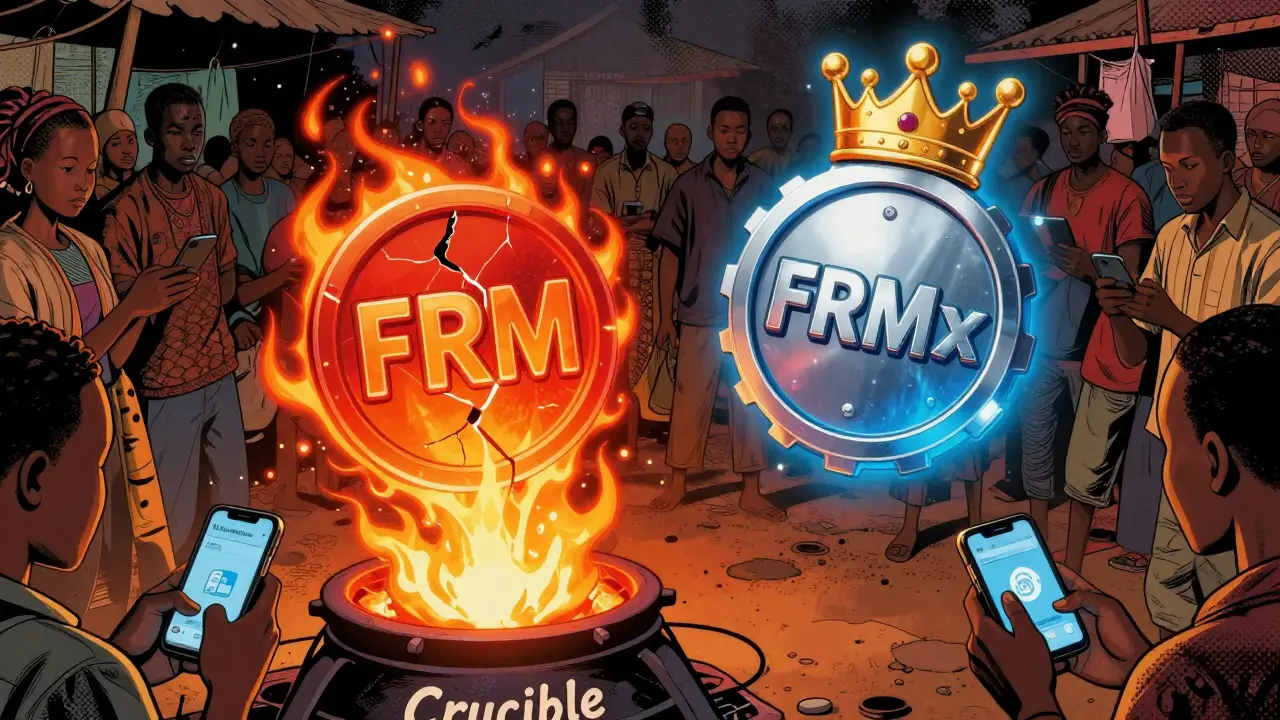Deux jetons FRM et FRMx, l'un en feu et l'autre en gouvernance, dans un marché africain avec des utilisateurs.