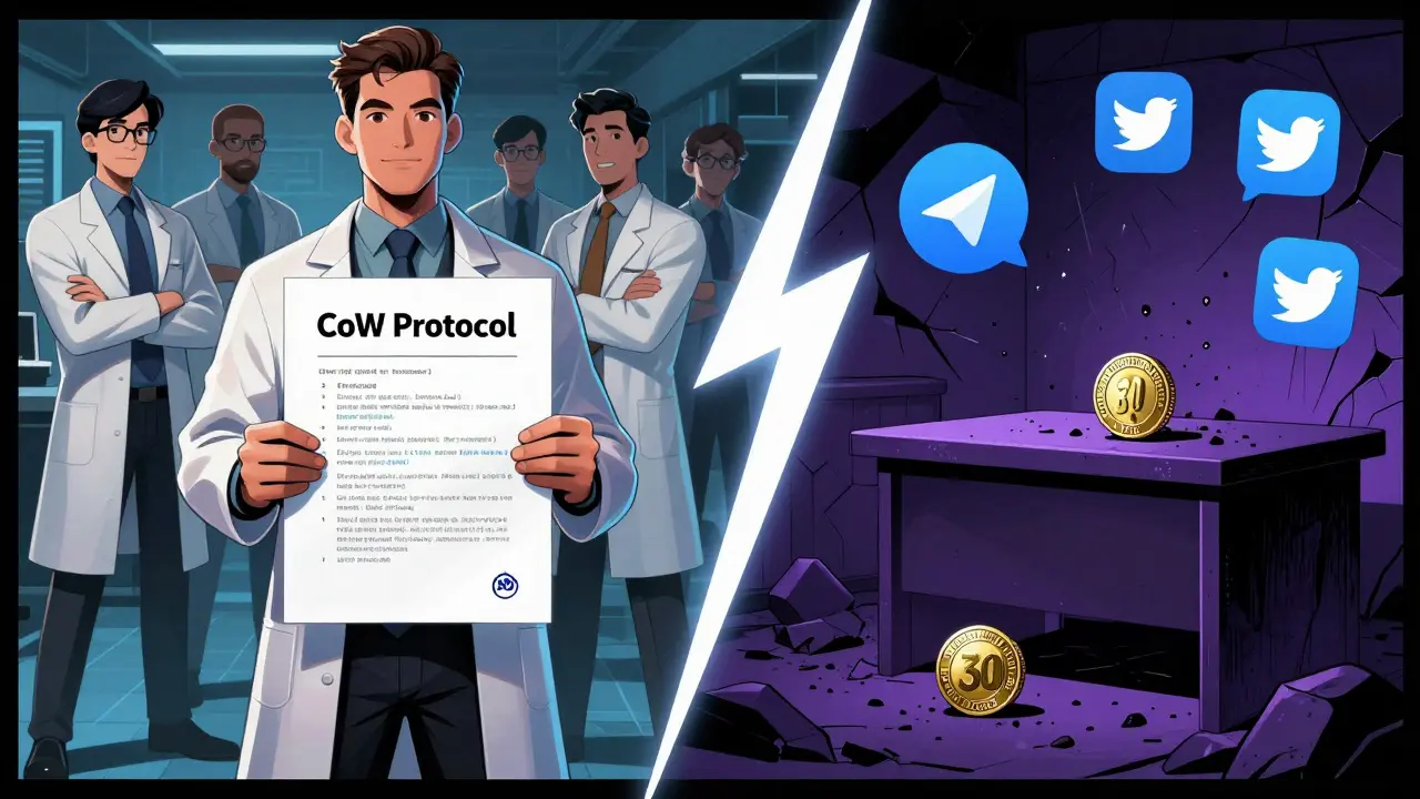 Deux mondes parallèles : un vrai projet DeFi à gauche, un airdrop escroque à droite, séparés par un éclair.