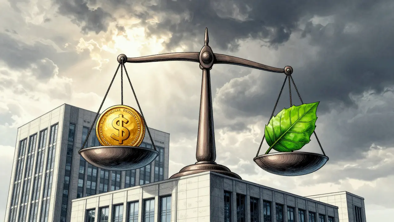 Édifice financier équilibrant conformité économique et durabilité environnementale.