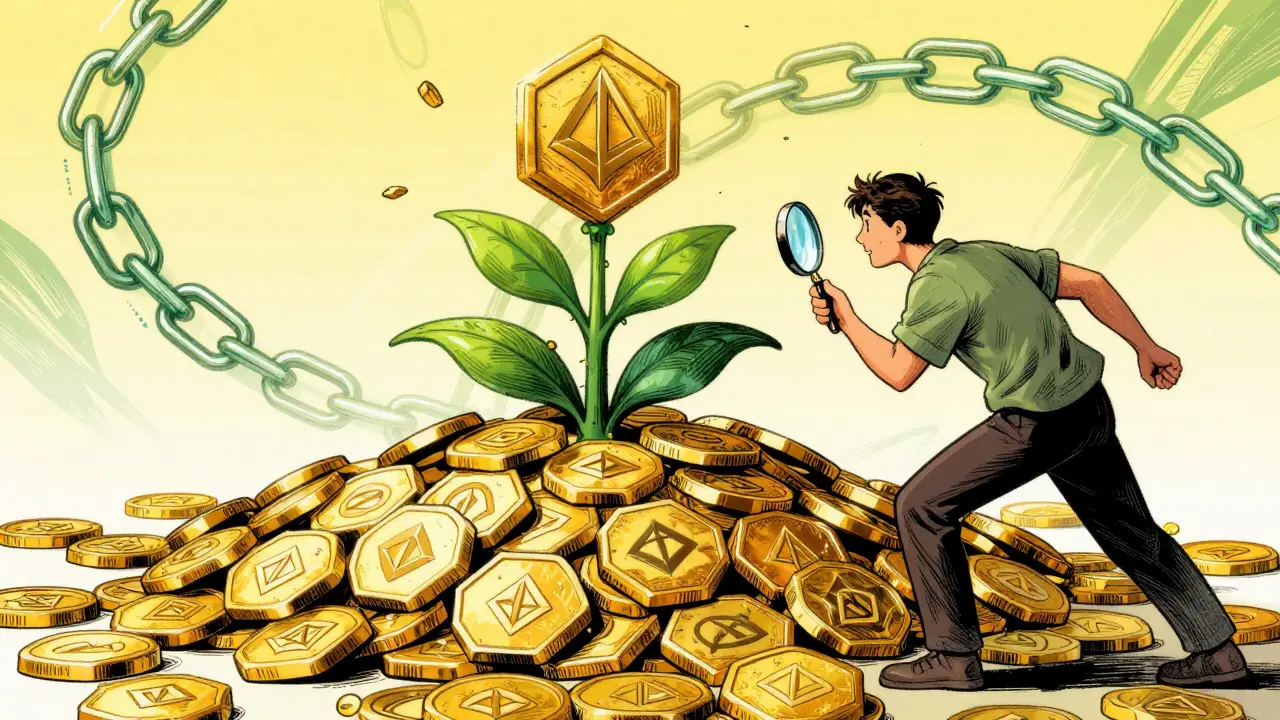 Image de bande dessinée représentant des jetons cryptographiques et la culture de rendement dans un écosystème DeFi.