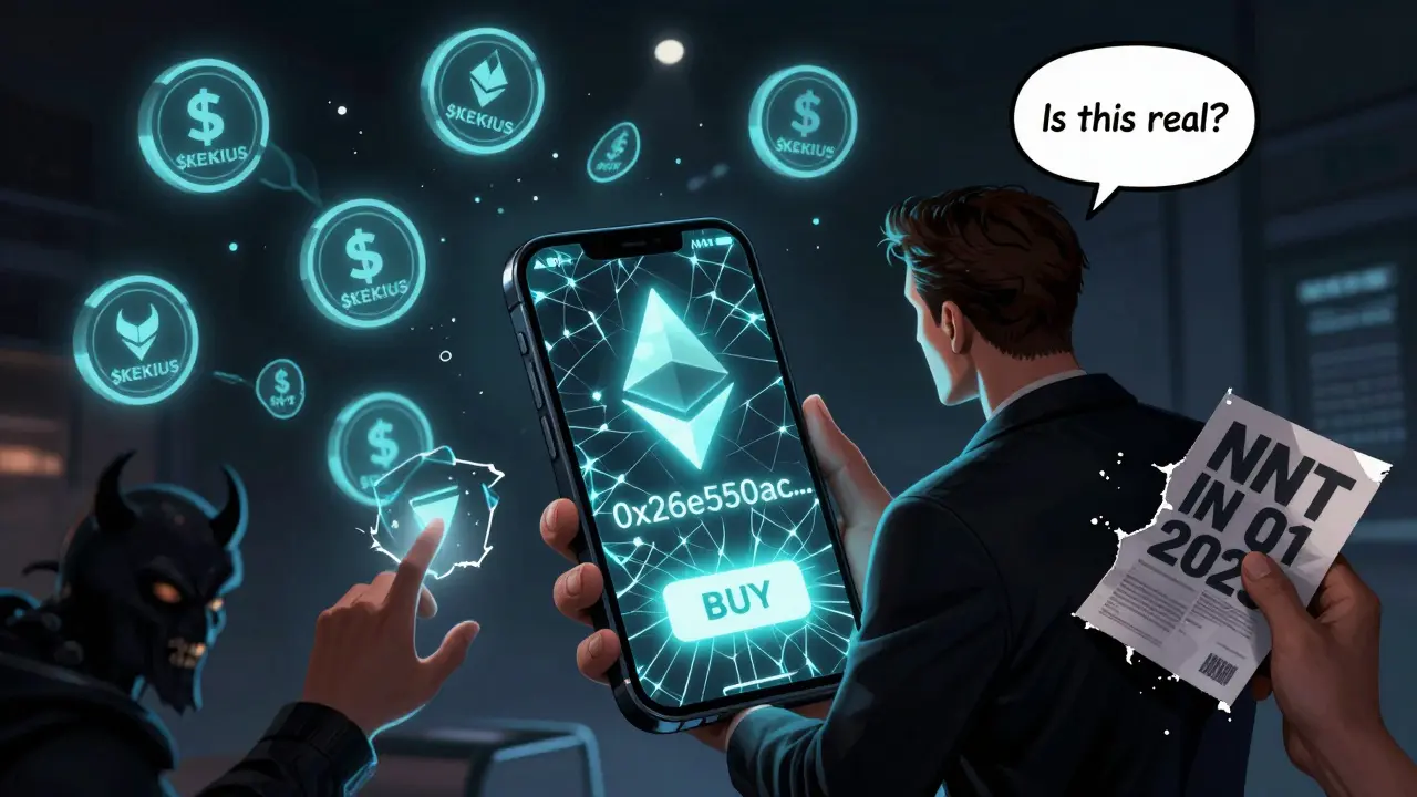 Investisseur hésitant devant une adresse blockchain, entouré de versions fantômes du token $KEKIUS.