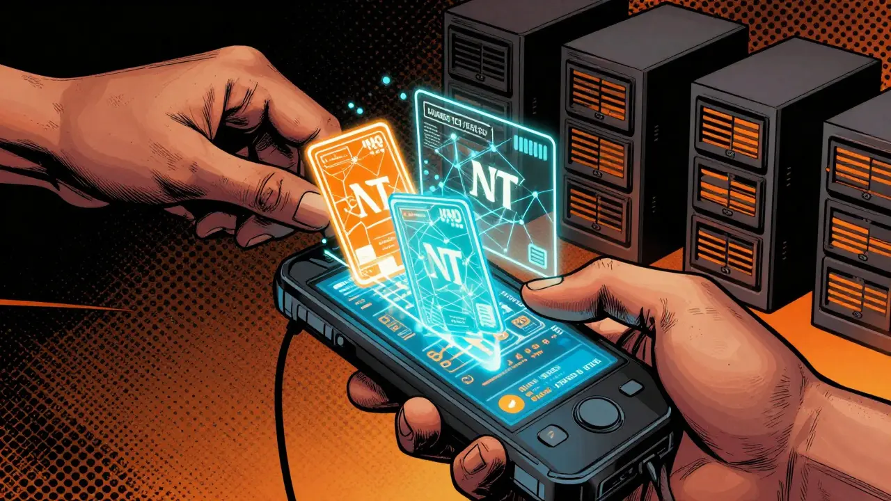 Investisseur stakant des tokens NFT avec interface numérique lumineuse.