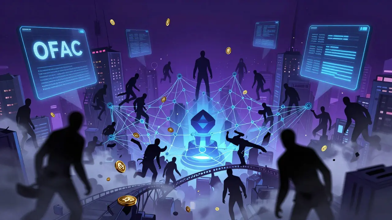 Paysage DeFi chaotique où les fonds illégaux échappent aux contrôles réglementaires, en style bande dessinée.