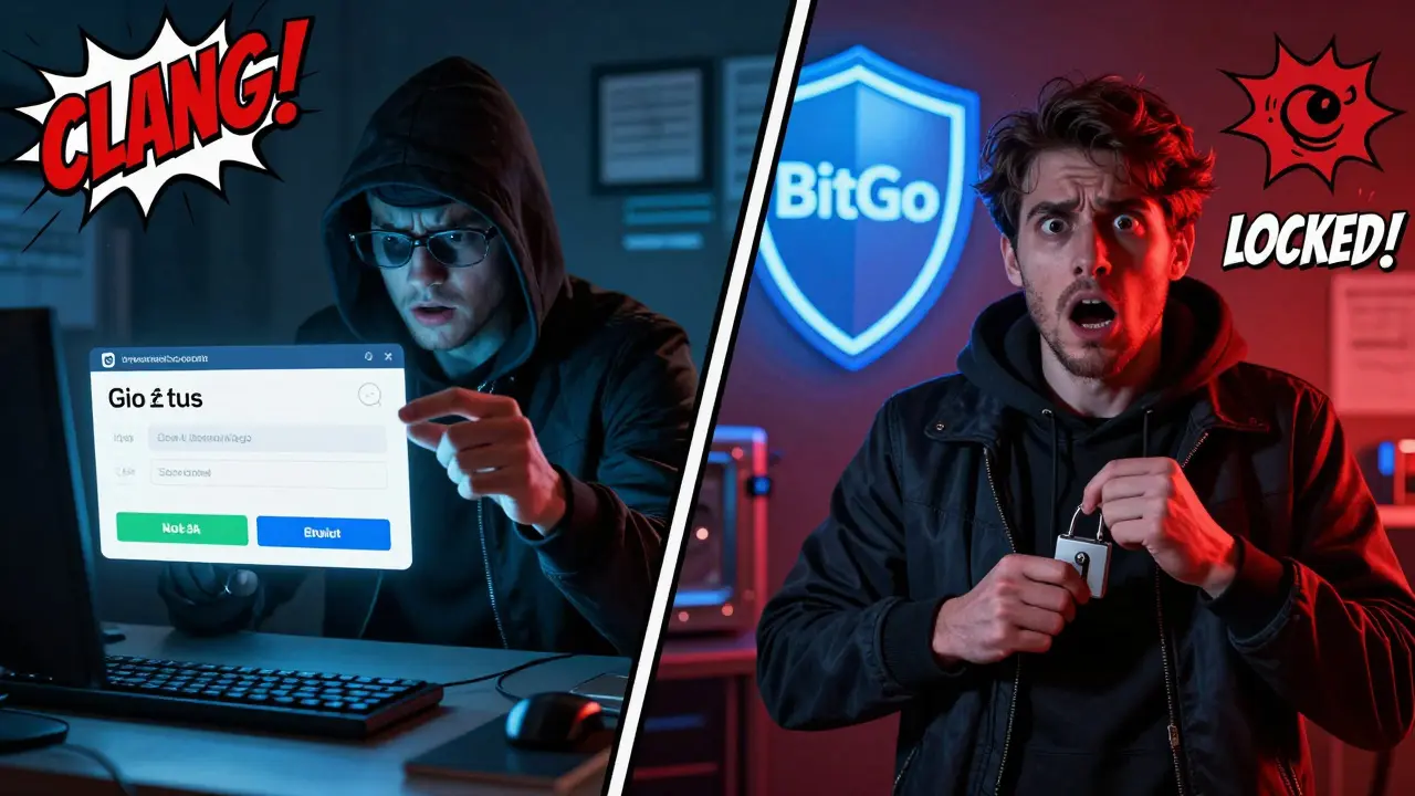 Scène contrastée : un piratage sans 2FA à gauche, la sécurité activée à droite avec un bouclier BitGo.