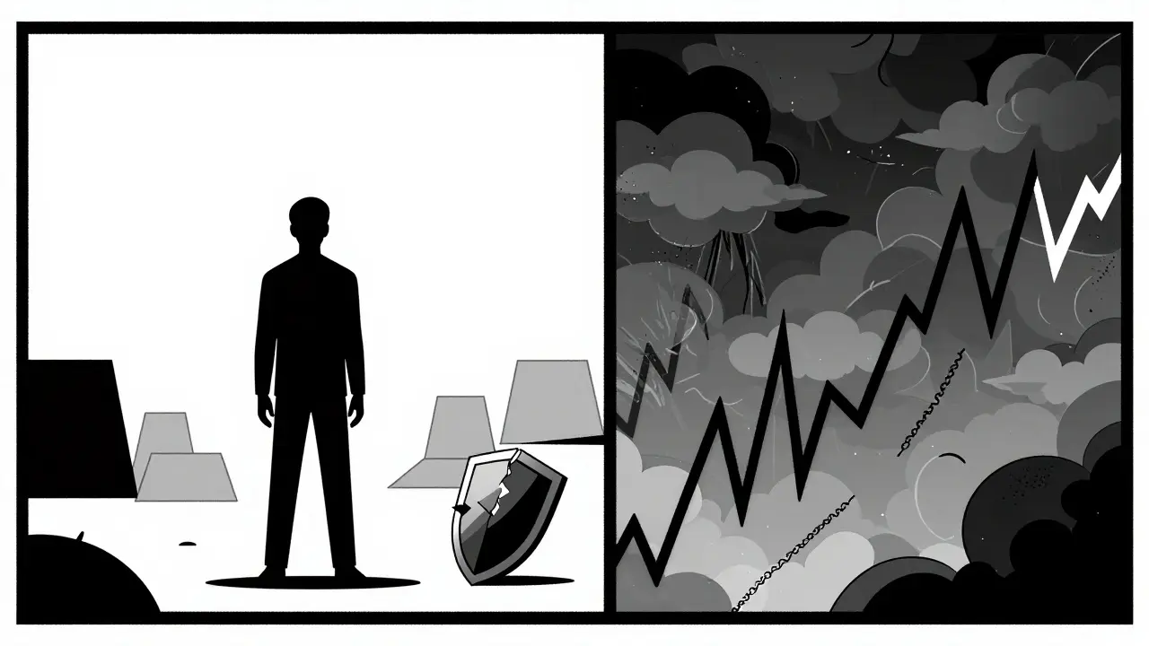 Scène dramatique illustrant la volatilité et les risques crypto.