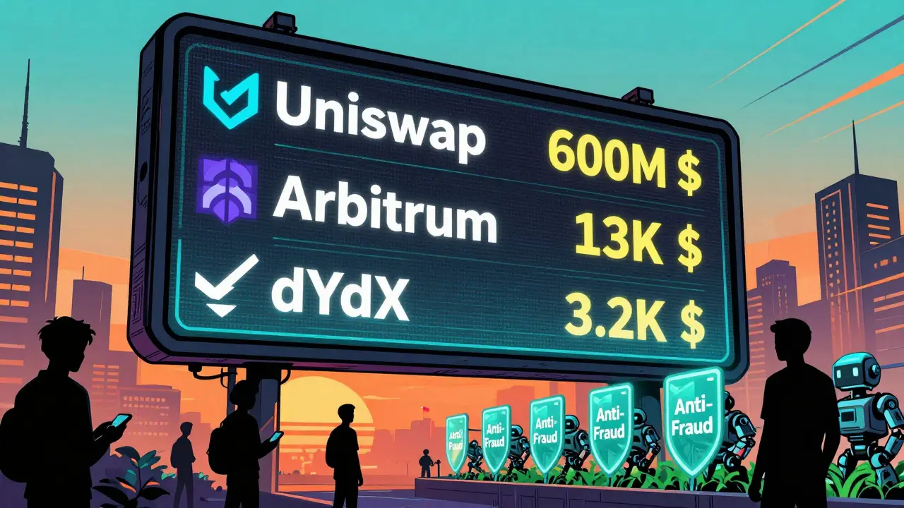 Tableau géant affichant les trois plus grands airdrops rétroactifs, avec des bots de fraude bloqués par des boucliers.